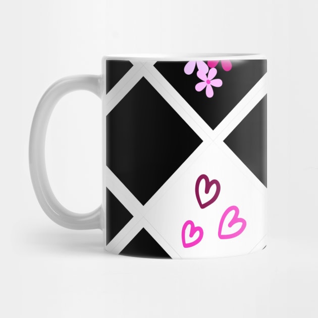 Pink and Black Floral Heart Checkered Pattern by iDaily